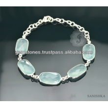 Sterling Silver Chain Chalcedony Gemstone Bracelet, Fashionable Silver Chain Link Bracelet, Gemstone Silver Chain Link Bracelet